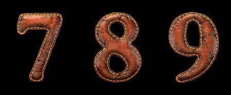 Set of numbers 7, 8, 9 made of leather. 3D render font with skin texture isolated on black background. 3d renderingの写真素材