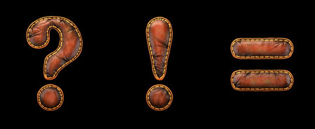 Set of symbols question mark, exclamation mark, equals made of leather. 3D render font with skin...