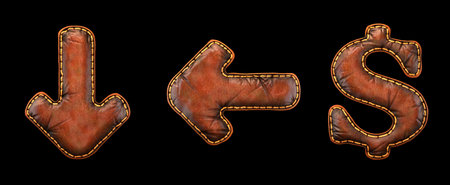 Set of symbols arrow to down, left arrow, dollar made of leather. 3D render font with skin texture...