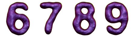 Set of numbers 6, 7, 8, 9 made of realistic 3d render purple color. Collection of natural snake skin texture style symbol isolated on white backgroundの写真素材
