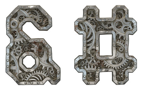 Set of mechanical alphabet made from rivet metal with gears on white background. Symbol ampersand and hash. 3D renderingの写真素材
