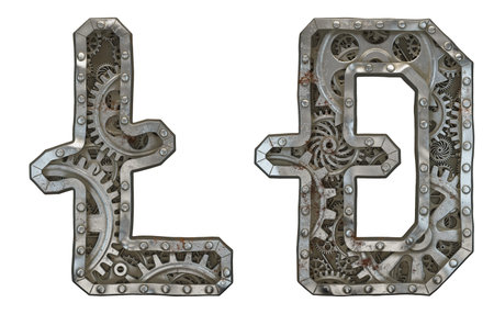 Set of mechanical alphabet made from rivet metal with gears on white background. Symbol litecoin and dashcoin. 3D renderingの写真素材