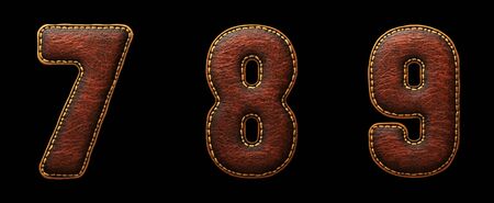 Set of numbers 7, 8, 9 made of leather. 3D render font with skin texture isolated on black background. 3d renderingの写真素材