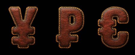 Set of symbols yen, rouble and euro made of leather. 3D render font with skin texture isolated on black background. 3d renderingの写真素材