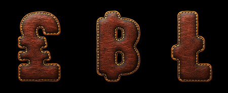 Set of symbols lira, baht, litecoin made of leather. 3D render font with skin texture isolated on black background. 3d renderingの写真素材