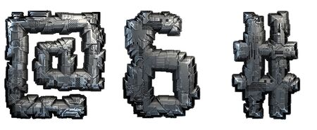 Set of symbols at, ampersand and hash made of metal isolated on white background. 3d renderingの写真素材