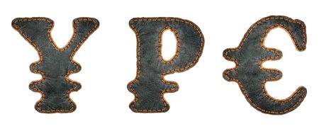 Set of symbols yen, rouble and euro made of leather. 3D render font with skin texture isolated on white background. 3d renderingの写真素材