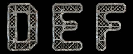 Mechanical alphabet made from rivet metal with gears on black background. Set of letters D, E, F. 3D renderingの写真素材