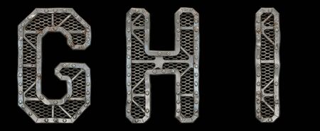 Mechanical alphabet made from rivet metal with gears on black background. Set of letters G, H, I. 3D renderingの写真素材