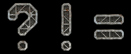 Mechanical alphabet made from rivet metal with gears on black background. Set of symbols question...