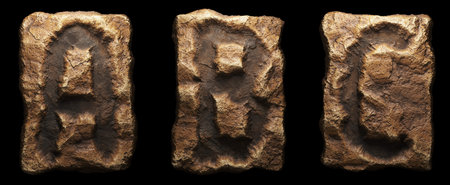 Set of rocky letters A, B, C. Font of stone on black background. 3d rendering