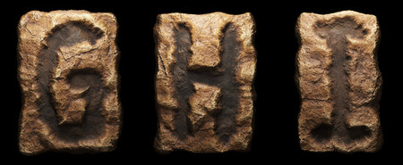 Set of rocky letters G, H, I Font of stone on black background. 3d rendering