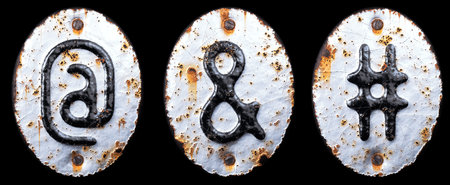 3D render set of symbols at, ampersand and hash made of forged metal on the background fragment of a...