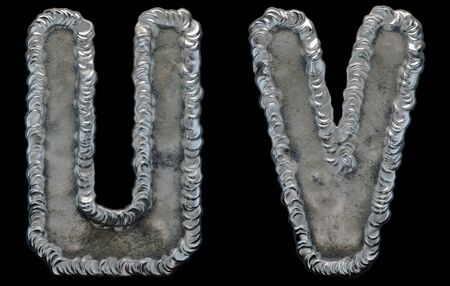 Set of capital letters U and V made of industrial metal isolated on black background. 3d renderingの写真素材