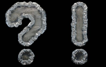 Set of symbols question mark and exclamation mark made of industrial metal on black background 3d renderingの写真素材