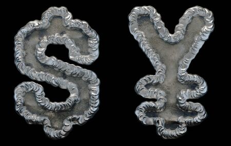 Set of symbols dollar and yen made of industrial metal on black background 3d renderingの写真素材