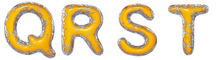 Realistic 3D letters set Q, R, S, T made of gold shining metal letters. Collection of gold shining metallic with yellow paint symbol isolated on white backgroundの写真素材
