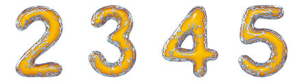Number set 2, 3, 4, 5 made of realistic 3d render golden shining metallic. Collection of gold...