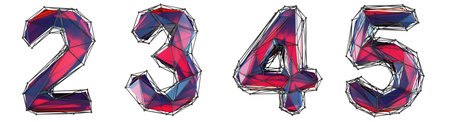 Set of numbers 2, 3, 4, 5 made of red color glass. Collection symbols of low poly style red color glass isolated on white background 3d renderingの写真素材