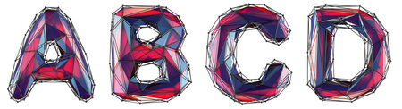 Realistic 3D letters set A, B, C, D made of low poly style. Collection symbols of low poly style red color glass isolated on white background 3d renderingの写真素材