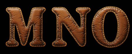 Set of leather letters M, N, O uppercase. 3D render font with skin texture isolated on black background. 3d renderingの写真素材