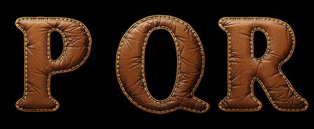 Set of leather letters P, Q, R uppercase. 3D render font with skin texture isolated on black background. 3d renderingの写真素材
