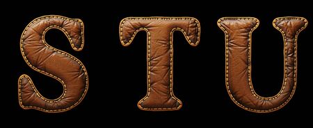 Set of leather letters S, T, U uppercase. 3D render font with skin texture isolated on black background. 3d renderingの写真素材