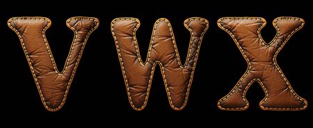 Set of leather letters V, W, X uppercase. 3D render font with skin texture isolated on black background. 3d renderingの写真素材