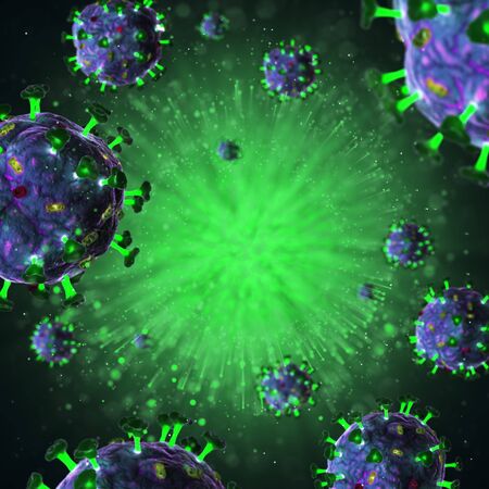 3d render of pathogenic virus organism or bacteria infecting and causing disease. Close up from microscope of coronavirus. 3d renderingの写真素材