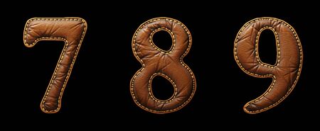 Set of numbers 7, 8, 9 made of leather. 3D render font with skin texture isolated on black background. 3d renderingの写真素材