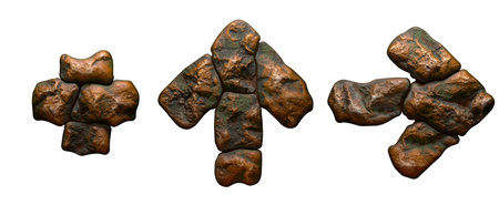 Set of rocky symbols plus, up arrow and right arrow. Font of stone on white background. 3d rendering