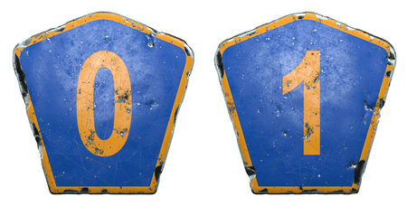 Set of public road signs in blue and orange color with a numbers 0 and 1 in the center isolated...
