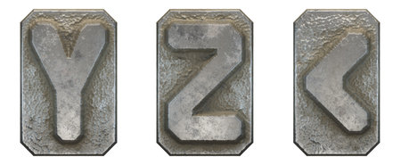 Set of capital letters Y, Z and symbol left angle bracket made of industrial metal isolated on white background. 3d renderingの写真素材