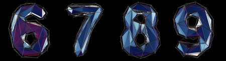 Set of numbers 6, 7, 8, 9 made of red color glass. Collection symbols of low poly style blue color...