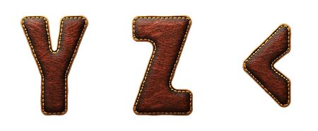 Set of leather letters Y, Z and symbol left angle bracket uppercase. 3D render font with skin texture isolated on white background. 3d renderingの写真素材