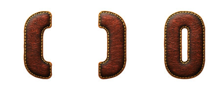 Set of symbols left and right parentheses, number 0 made of leather. 3D render font with skin texture isolated on white background. 3d renderingの写真素材