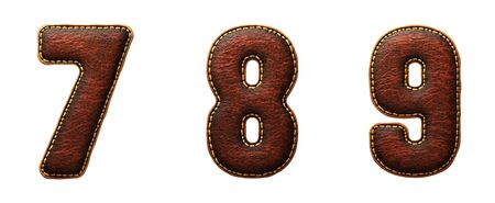 Set of numbers 7, 8, 9 made of leather. 3D render font with skin texture isolated on white background. 3d renderingの写真素材