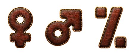 Set of symbols female, male, percent made of leather. 3D render font with skin texture isolated on white background. 3d renderingの写真素材