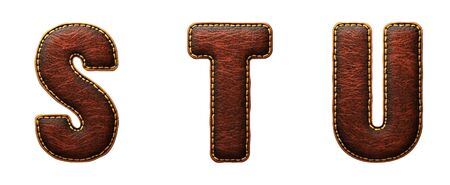 Set of leather letters S, T, U uppercase. 3D render font with skin texture isolated on white background. 3d renderingの写真素材