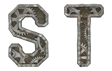 Set of mechanical alphabet made from rivet metal with gears on white background. Letters S and T. 3D renderingの写真素材
