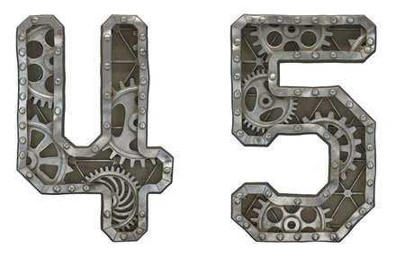 Set of mechanical alphabet made from rivet metal with gears on white background. Numbers 4, 5. 3D...