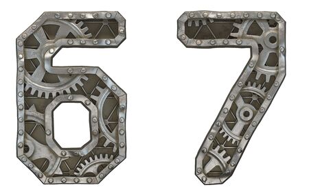 Set of mechanical alphabet made from rivet metal with gears on white background. Numbers 6, 7. 3D renderingの写真素材