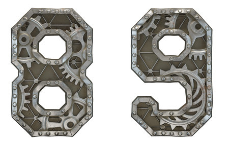 Set of mechanical alphabet made from rivet metal with gears on white background. Numbers 8, 9. 3D renderingの写真素材