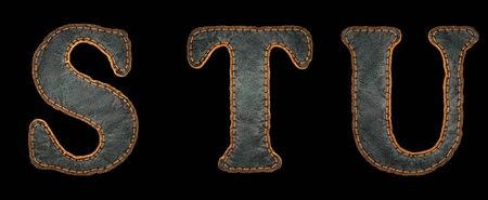 Set of leather letters S, T, U uppercase. 3D render font with skin texture isolated on black background. 3d renderingの写真素材