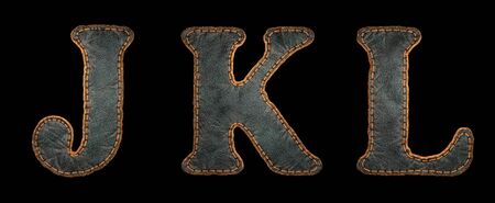 Set of leather letters J, K, L uppercase. 3D render font with skin texture isolated on black background. 3d renderingの写真素材