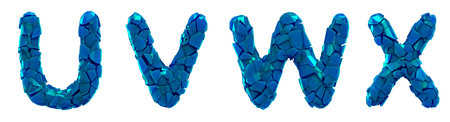 Plastic letters set U, V, W, X made of 3d render plastic shards blue color. Collection of plastic...