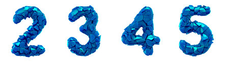 Number plastic set 2, 3, 4, 5 made of 3d render plastic shards blue color. Collection of plastic...