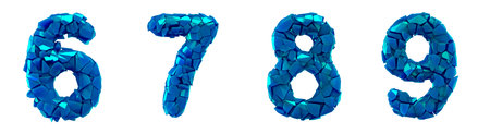 Number plastic set 6, 7, 8, 9 made of 3d render plastic shards blue color. Collection of plastic...
