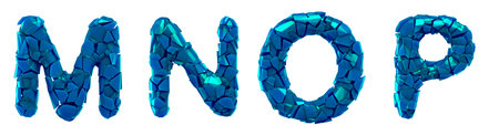Plastic letters set M, N, O, P made of 3d render plastic shards blue color. Collection of plastic...