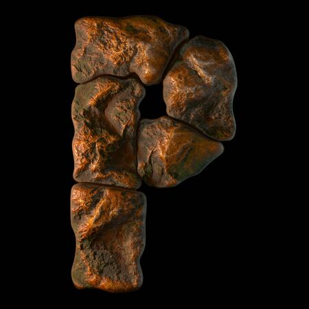 Rocky letter P. Font of stone on black background. 3d renderingの写真素材
